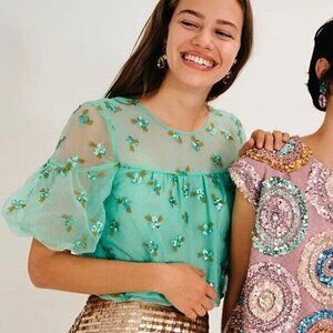 ANTHROPOLOGIE teal blue puff sleeve floral sequin blouse top NWT womens 2